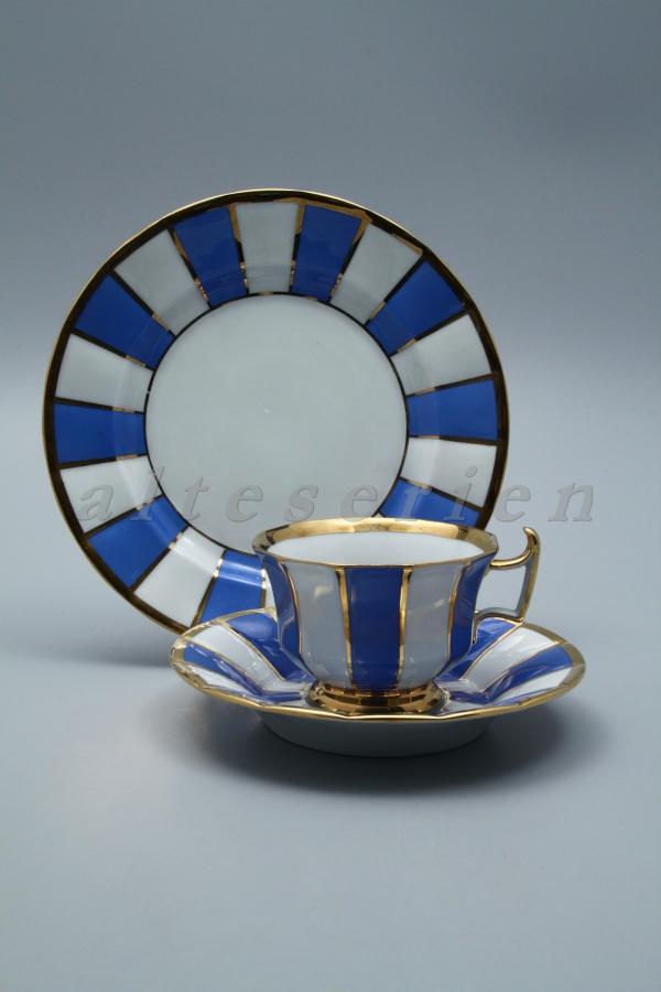 Kaffeegedeck 3 tlg. MEISSEN  weiß blau mit Goldblatt 1.Wahl Pfeifferzeit